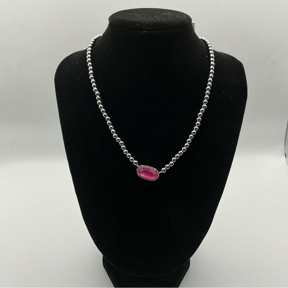 NWT Kendra Scott  Elisa Silver Beaded Necklace Pink Stone